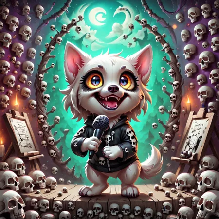 dog girl dressed in an elaborate collection of skulls covering her in a majestic way holding microphone, music studio, painting of cute skulls, pg safe