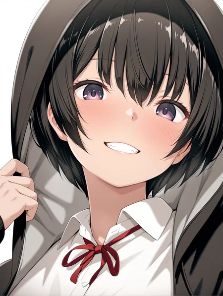 masterpiece,best quality,newest,
1girl,solo,
<lora:k_short_ilxlv1.2:1>,k_short,black hair,bob cut,purple eyes,hair between eyes,
white shirt,red ribbon tie,black jacket,grey pleated skirt,hood up,
<lora:Fixhands_anime_bdsqlsz_V1:1>,upper_body,white_background,simple_background,looking_at_viewer,light_blush,portrait,grin,