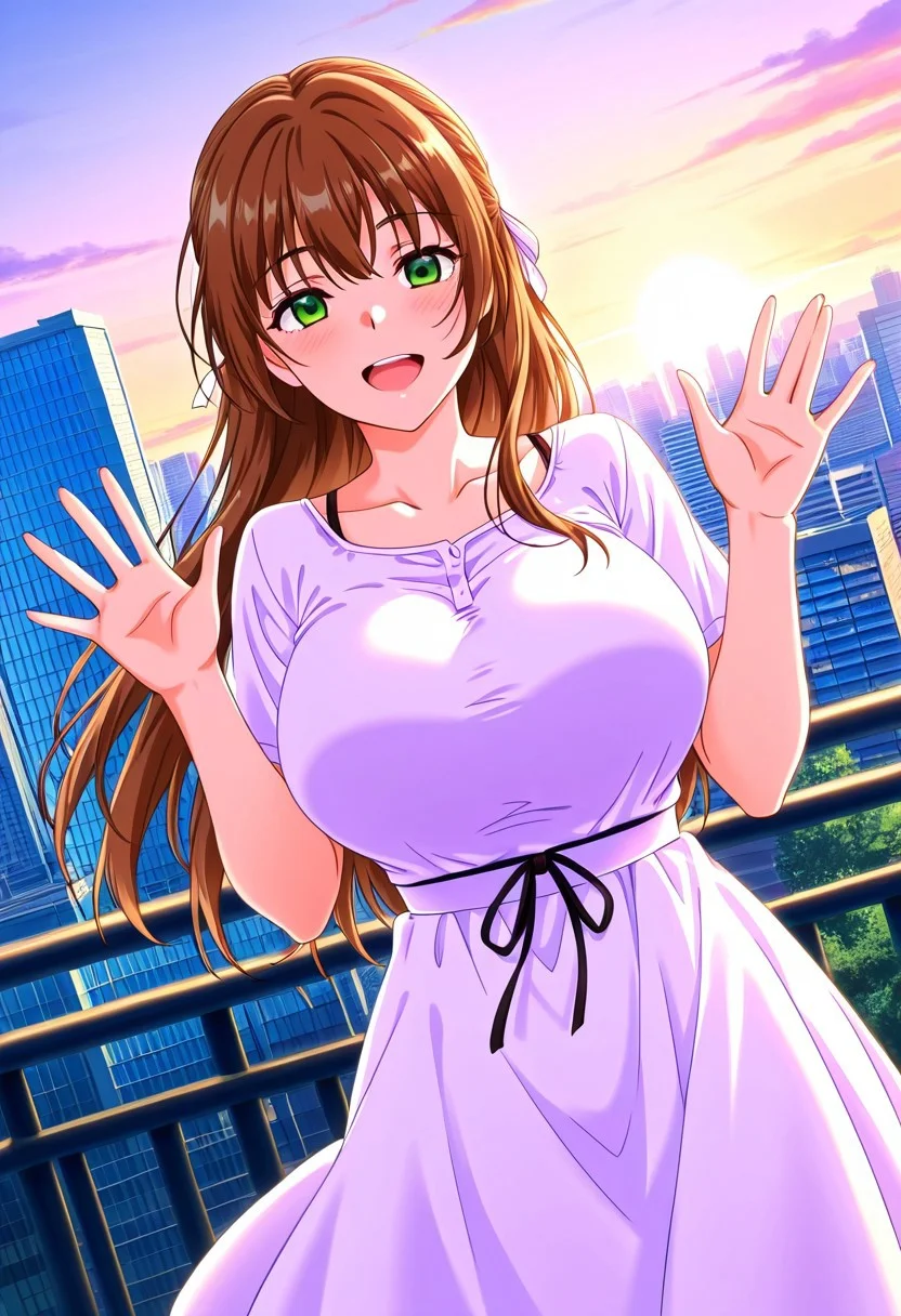 general,highres, ultra-detailed,very aesthetic,best quality ,best hands,best eyes,easynegative,
dynamic anglre, dutch angle, anime cloring,
1girl solo,looking at viewer,smile, open mouth,waving hand, open mouth, city,outdoors,
Kaede Kasuga,brown_hair, long_hair, hair ribbon, green eyes, huge_breasts,dress,