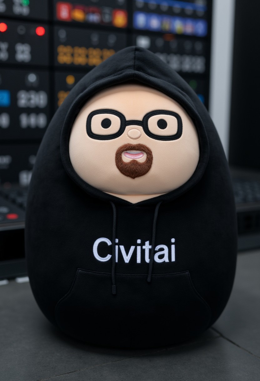<lora:Squishmallows_FLUX:1.0>
The image is a high-resolution photograph of a plush toy in a server room, specifically a stuffed animal designed to resemble a chubby man with a small beard, square glasses, wearing a black hoodie with the word "Civitai" on it. The plush toy has a round, plump body covered in a soft, velvety fabric, which gives it a plush and cuddly texture.