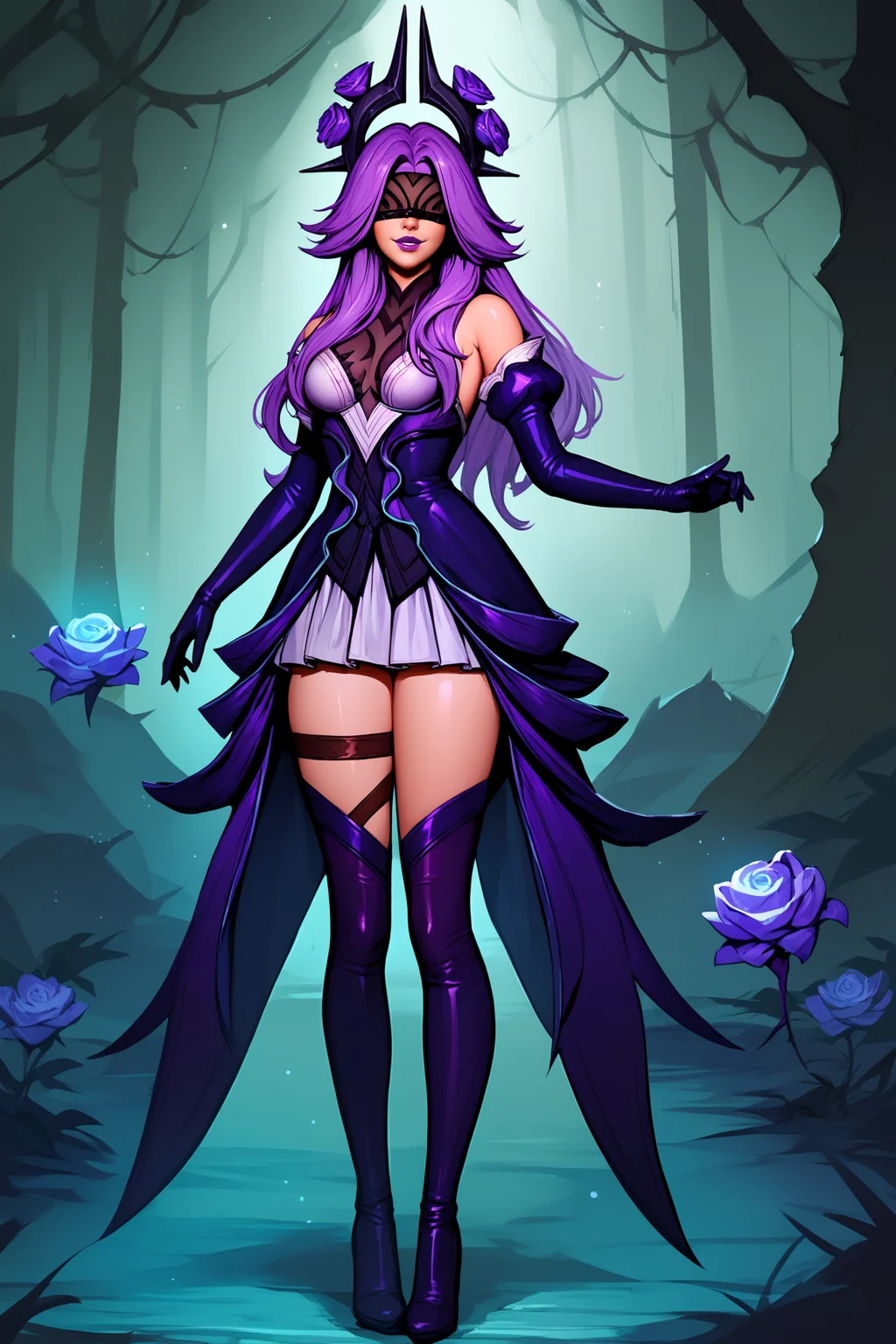 score_9, score_8_up, score_7_up, score_6_up, BREAK, SyndraWRoseXL, purple lips, black blindfold, purple hair, long hair, parted bangs, hair ornament with purple rose, medium breasts, detached sleeves, white dress, puffy sleeves, purple elbow gloves, purple skirt, purple thighhighs, purple boots, high heels, solo, full body, standing, seductive smile, looking at viewer, forest <lora:SyndraWRoseXL:0.9>