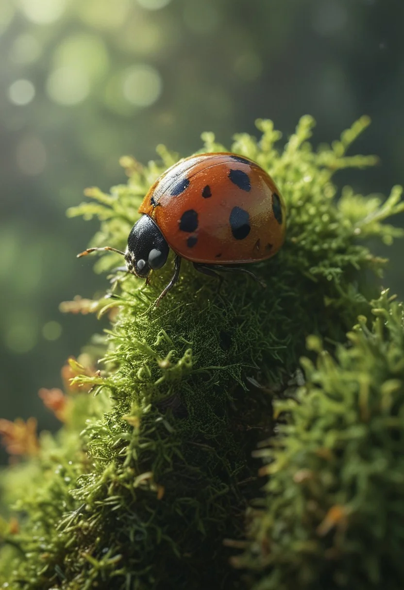 A photo of a rainbow colored ladybug on a moss covered branch, backlit,  glow hyper realistic, natural soft rim light, cinematic lighting, concept art by arti stincent<lora:add-detail-xl:1> <lora:MJ52:0.5> <lora:sss:0.5>