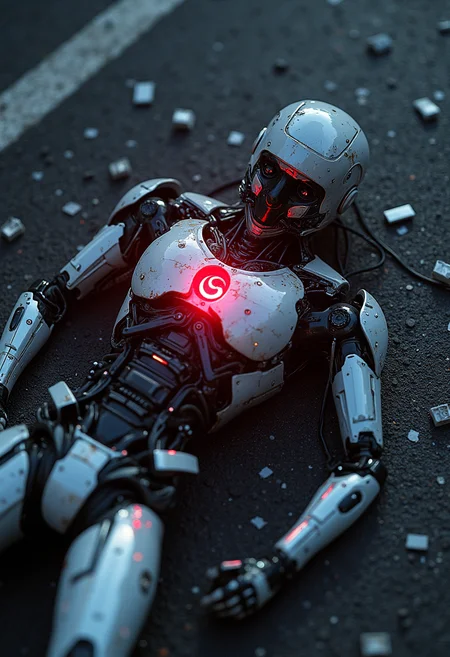 A critically broken cyborg lies on the asphalt... there are pieces of parts everywhere. Wires stick out of the chest and a brightly shining cybernetic Battery red illuminates everything around.