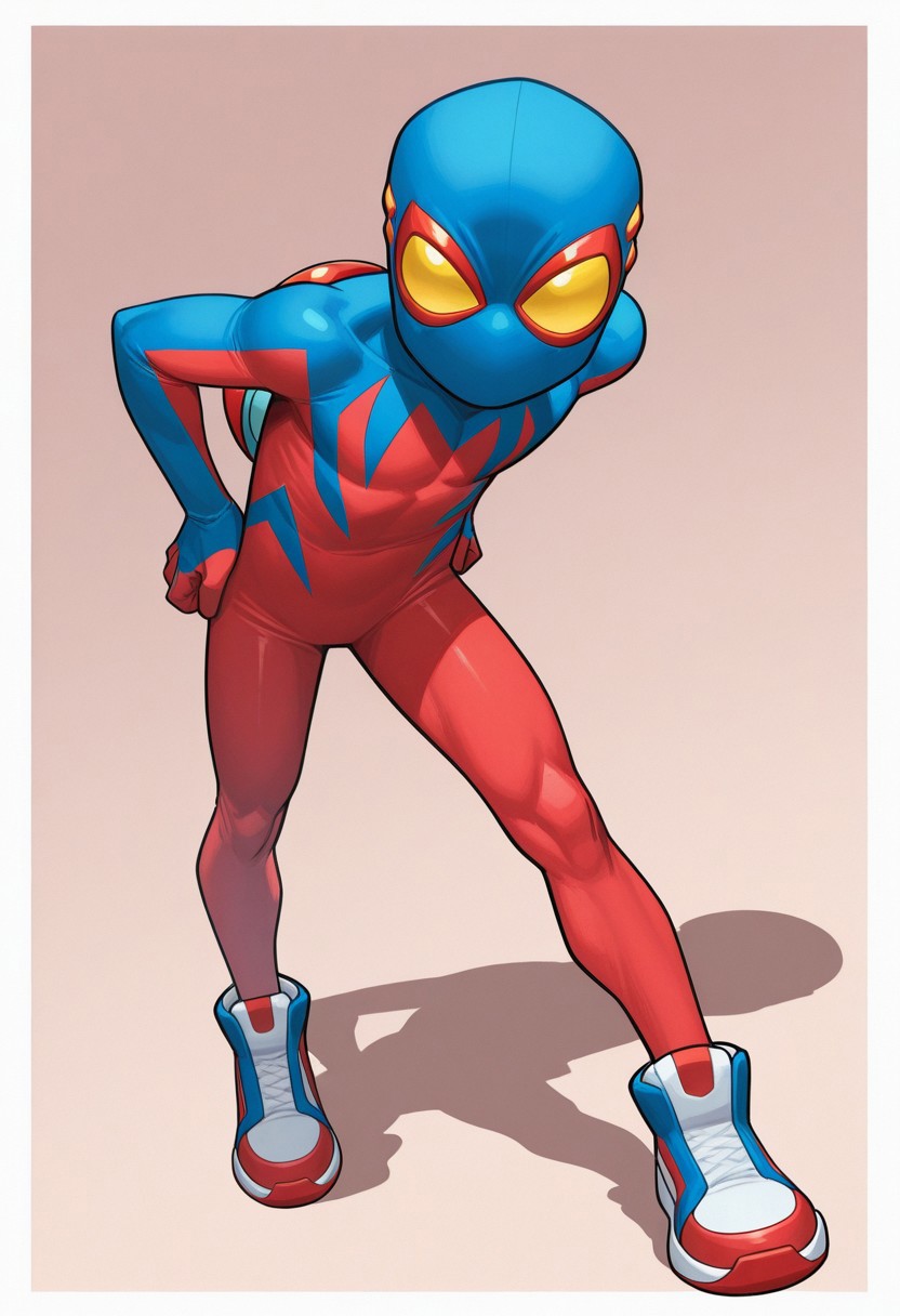 1boy, male focus, cute boy, BaileyBriggs, Mask, Yellow Eyes, Spiderboy Costume, Two-tone Bodysuit, Red Bodysuit, Blue Bodysuit, Red Blue Sneakers, hands on hip, simple background, graphic border, cinematic, intricately detailed illustration, depth of field, masterpiece, best quality, amazing quality, very aesthetic, absurdres, newest, very awa, shadow, dynamic angle, casual cosplay, dynamic pose,  cute pose, side view