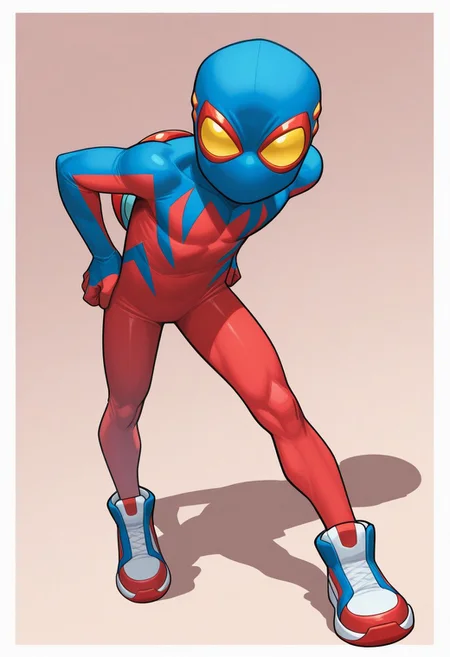 1boy, male focus, cute boy, BaileyBriggs, Mask, Yellow Eyes, Spiderboy Costume, Two-tone Bodysuit, Red Bodysuit, Blue Bodysuit, Red Blue Sneakers, hands on hip, simple background, graphic border, cinematic, intricately detailed illustration, depth of field, masterpiece, best quality, amazing quality, very aesthetic, absurdres, newest, very awa, shadow, dynamic angle, casual cosplay, dynamic pose,  cute pose, side view