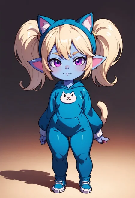 score_9, score_8_up, score_7_up, full height, Portrait,EasyNegative, (1girl), (detailed),Poppy,yordle, shortstack, short girl,purple eyes, blonde hair, twintails, blue skin, colored skin,cat outfit, cat tail,