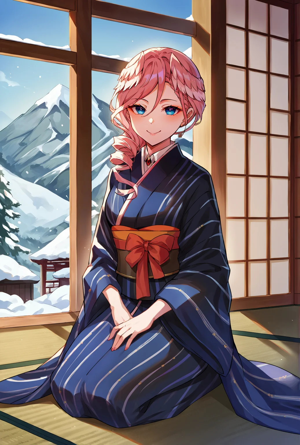 score_9, score_8_up, score_7_up, source_anime BREAK
1girl, smile, closed mouth, indoors, east asian architecture, window, sitting, kneeling, on floor, tatami, nature, full body, snow, mountain, looking at viewer, hands on lap
<lora:TakaneLuiXL-3:1>
lui-newyr, vertical-striped kimono, (black kimono), drill ponytail, hair over shoulder