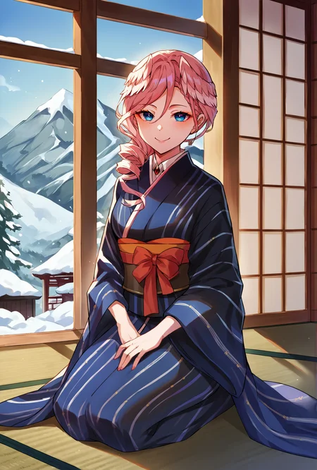 score_9, score_8_up, score_7_up, source_anime BREAK
1girl, smile, closed mouth, indoors, east asian architecture, window, sitting, kneeling, on floor, tatami, nature, full body, snow, mountain, looking at viewer, hands on lap
<lora:TakaneLuiXL-3:1>
lui-newyr, vertical-striped kimono, (black kimono), drill ponytail, hair over shoulder