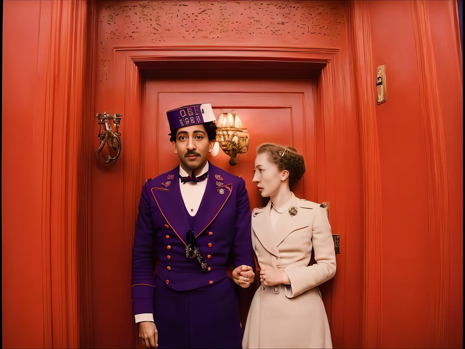 masterpiece, extremely high detail digital RAW color painting of A man in uniform and a women standing in a hallway, ((red door)), ((red wall)), style_wesandon ,<lora:epiNoiseoffset_v2:1>