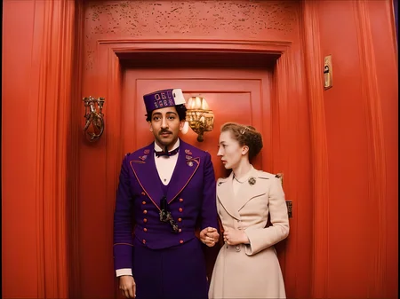 masterpiece, extremely high detail digital RAW color painting of A man in uniform and a women standing in a hallway, ((red door)), ((red wall)), style_wesandon ,<lora:epiNoiseoffset_v2:1>