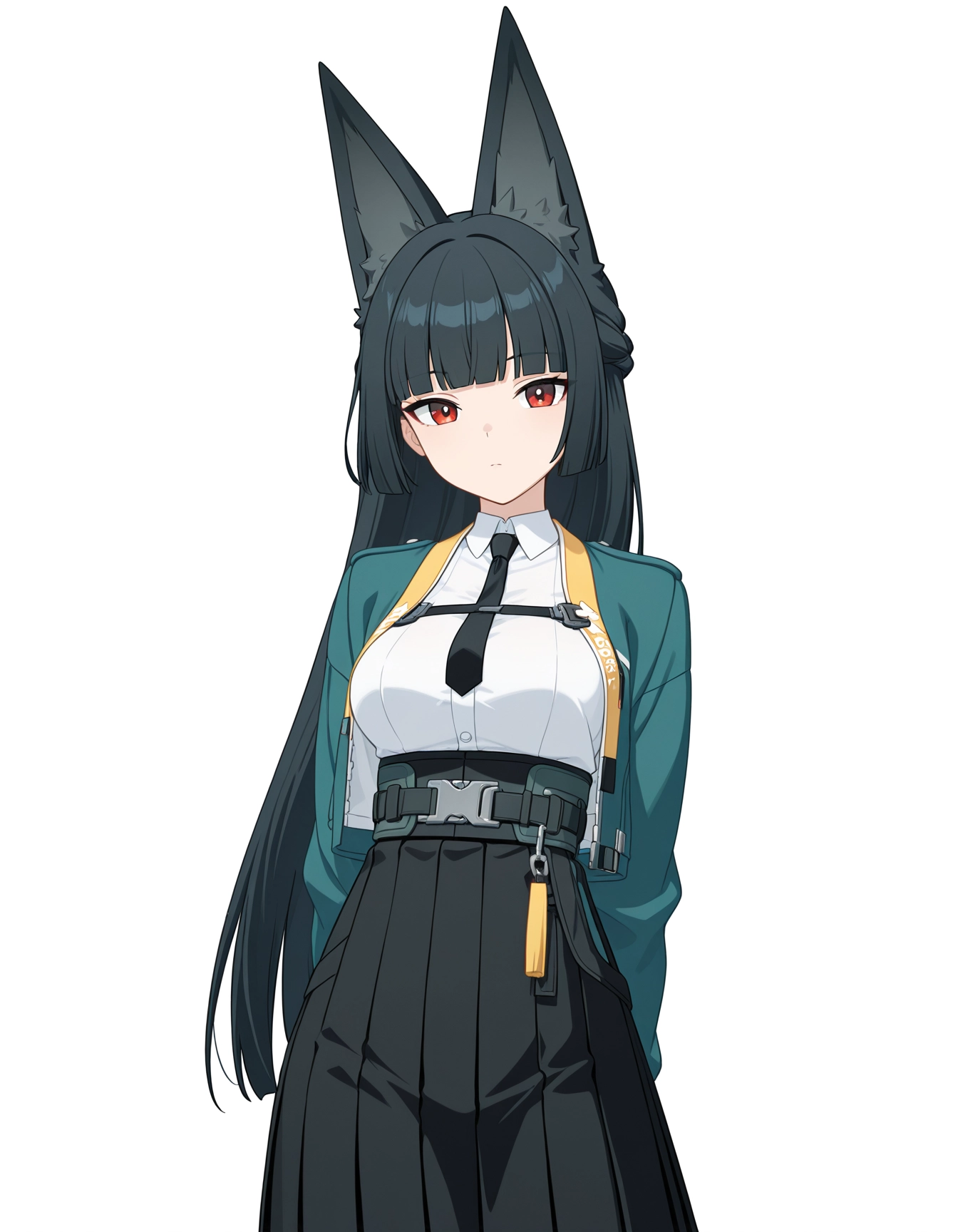 masterpiece, best quality, high quality, 1girl, solo, hoshimi miyabi \(zzz\), <lora:iMiyabi:0.9>, section six outfit, standing, cowboy shot, arms behind back, looking at viewer, expressionless, simple background, white background,
anime screenshot, anime coloring, flat color, masterpiece, best quality, very aesthetic, aesthetic, absurdres, highres, detailed, beautiful color, amazing quality, sensitive
