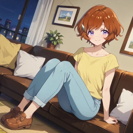 masterpiece, best quality, score_9, score_8_up, score_7_up, full body, 1 girl, looking at viewer, cowboy shot, dutch angle, indoors, sitting on couch, living room, night, blush, smile, Anz, brown hair, short hair, hair ornament, purple eyes, collarbone, yellow shirt, blue pants, brown shoes