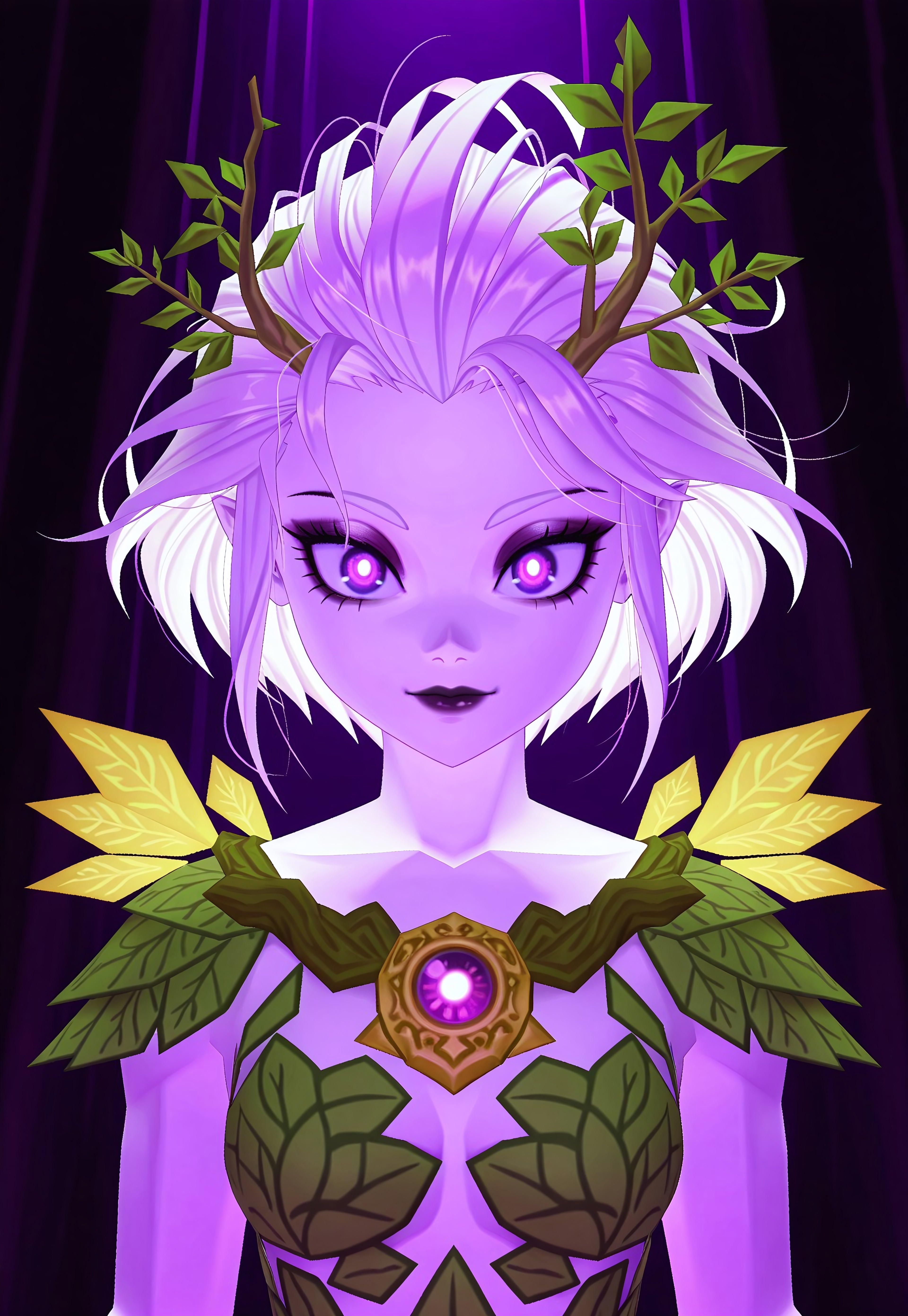 1girl, (light bloom:1.4), 

low poly, 3d, an animated character,

purple eyes, huge pupils, glowing pupils, solid purple sclera, 
messy hair, short hair, 
windswept white hair,  

dryad clothing,

white skin,  
three quarter profile, 

(mascara:1.5),  
 , winged eyeliner, 


masterpiece, best quality, amazing quality, very aesthetic, 8K, 3d rendering,