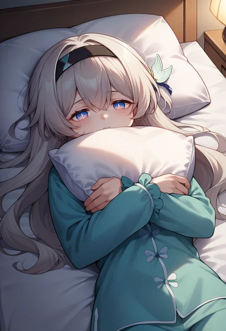 score_9, score_8_up, source_anime, 1girl, solo, FireflyHSR, blue pupils, long hair, black hairband, hair ornament, on bed, sleepwear, pajamas, night, tired, on back, lying, pillow hug, pillow, hugging pillow, <lora:ChamFireflyV2PonyXL:1>