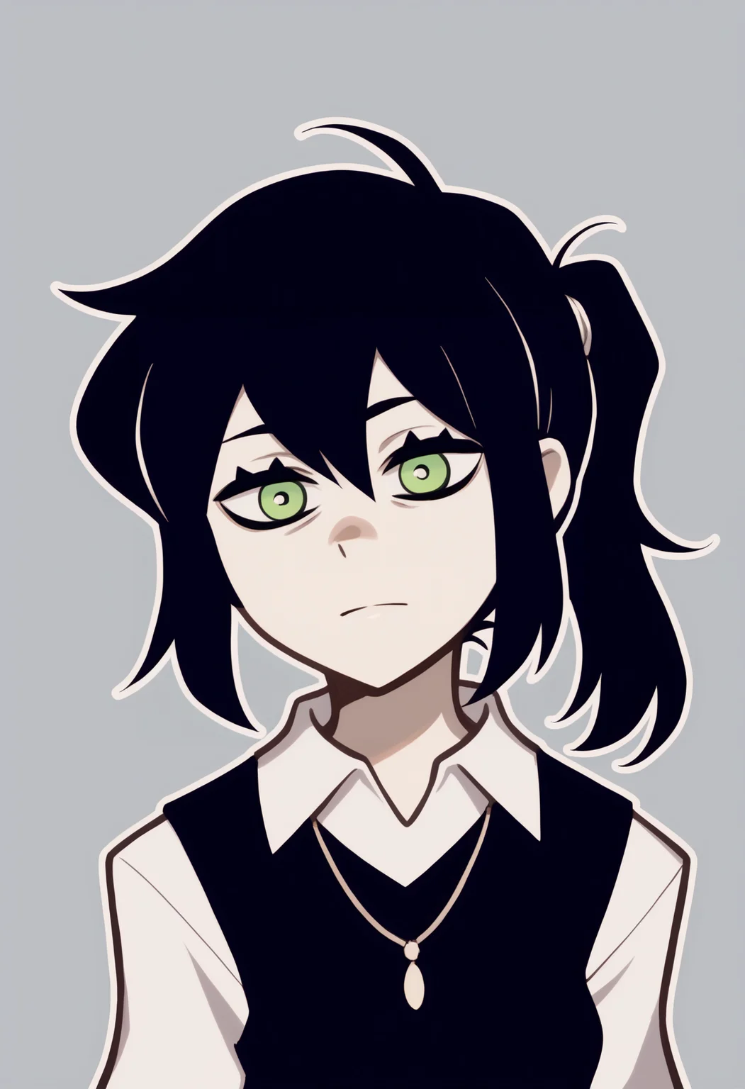 score_9, score_8_up, score_7_up, outline, BREAK
1girl, reneegr, black hair, ponytail, sidelocks, long hair, green eyes, jitome,
necklace, collared white shirt, black sweater vest,
upper body, standing, looking at viewer, solo, simple background, grey background <lora:ReneeGravesXL_byKonan:1>