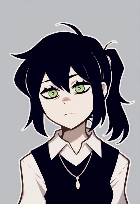 score_9, score_8_up, score_7_up, outline, BREAK
1girl, reneegr, black hair, ponytail, sidelocks, long hair, green eyes, jitome, 
necklace, collared white shirt, black sweater vest,
upper body, standing, looking at viewer, solo, simple background, grey background    <lora:ReneeGravesXL_byKonan:1>