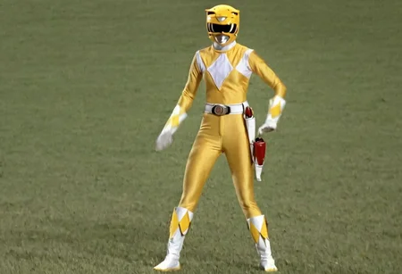 Yellow power ranger, female, morphed, helmet, uniform, yellow catsuit, white belt gloves boots, red holstered weapon