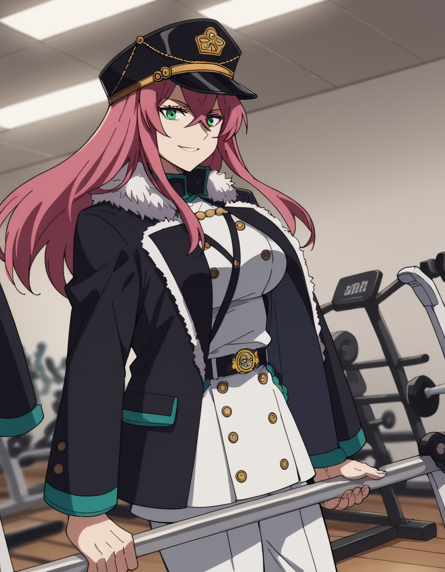 score_9, score_8_up, score_7_up, source_anime, <lora:princia-funnybunny-movie-ponyxl-lora-nochekaiser_r1:1>, princia funnybunny, long hair, green eyes, pink hair, red hair, crossed bangs, sidelocks, hat, jacket, belt, uniform, fur trim, military, military uniform, peaked cap, large breasts,, gym, weights, treadmill, mirrors, exercise, smile, smile, looking at viewer, solo,, dutch angle, cowboy shot