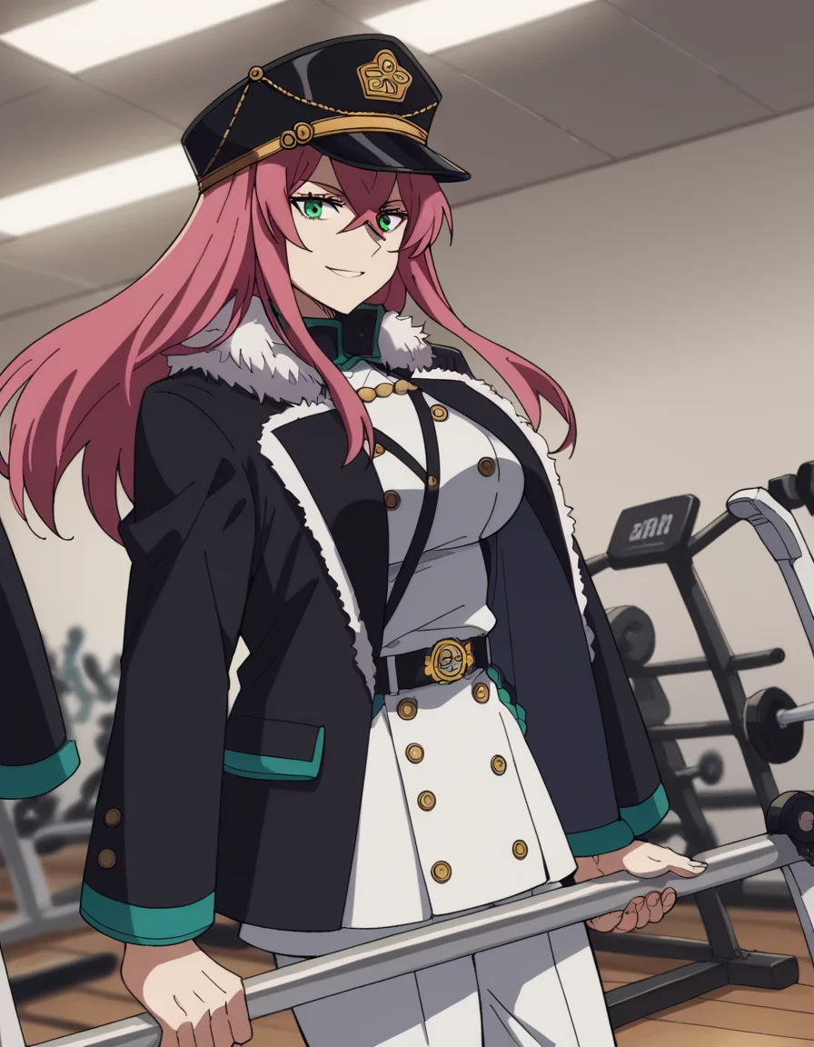 score_9, score_8_up, score_7_up, source_anime, <lora:princia-funnybunny-movie-ponyxl-lora-nochekaiser_r1:1>, princia funnybunny, long hair, green eyes, pink hair, red hair, crossed bangs, sidelocks, hat, jacket, belt, uniform, fur trim, military, military uniform, peaked cap, large breasts,, gym, weights, treadmill, mirrors, exercise, smile, smile, looking at viewer, solo,, dutch angle, cowboy shot