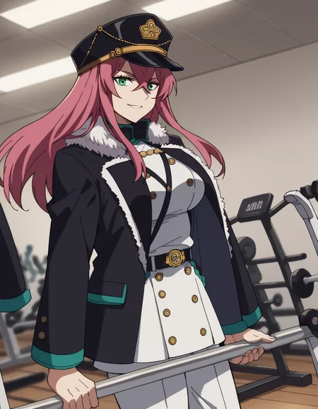 score_9, score_8_up, score_7_up, source_anime, <lora:princia-funnybunny-movie-ponyxl-lora-nochekaiser_r1:1>, princia funnybunny, long hair, green eyes, pink hair, red hair, crossed bangs, sidelocks, hat, jacket, belt, uniform, fur trim, military, military uniform, peaked cap, large breasts,, gym, weights, treadmill, mirrors, exercise, smile, smile, looking at viewer, solo,, dutch angle, cowboy shot