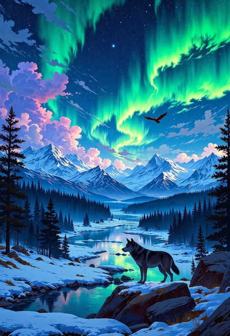 An Alaskan tundra beneath the Northern Lights, swirling shades of green and violet painting the night sky. A pack of wolves stands on a rocky ridge, their breath visible in the cold night air. Snow-capped mountains loom in the distance, their peaks glistening beneath the auroras. A soft river winds through the valley below, reflecting the colors of the sky. A lone bald eagle soars overhead, its dark silhouette cutting through the vibrant hues. The scene is bathed in cool blues and greens, blending with the frosty stillness of the landscape. Colorful. Vibrant glow.