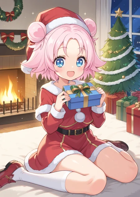 score_9, score_8_up, score_7_up, score_6_up, score_5_up, labra, blue eyes, pink hair, short hair, double bun, 1girl, solo, living room, at night, fireplace, night time, christmas tree, santa hat, santa dress, sitting, holding giftbox, smile, happy, sparkles, +_+. open mouth