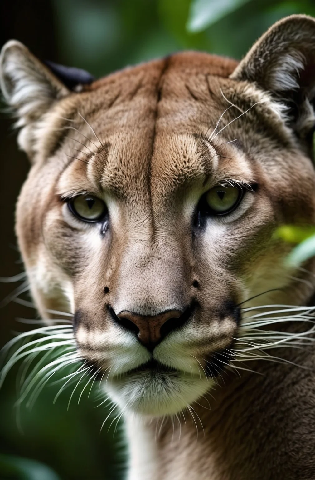 award winning wildlife (medium long shot:1.4), 35mm film movie still, ultra photorealistic, photorealism, (upper profile) shot of a defeated old cougar in pain with the (sunken head:1.4) mourning (looking depressed down:1.2), (glossy eyes) cinestill, film grain, taken with hasselblad H6D 100c, the HCD 24mm lens, hazy mood, cinematic dramatic lighting, cold muted colors, (DOF:1.4), (dark lush jungle background), sharp focus, (perfect real extremely details), amazing fine detail, absurdres, hyper realistic lifelike texture, dramatic lighting