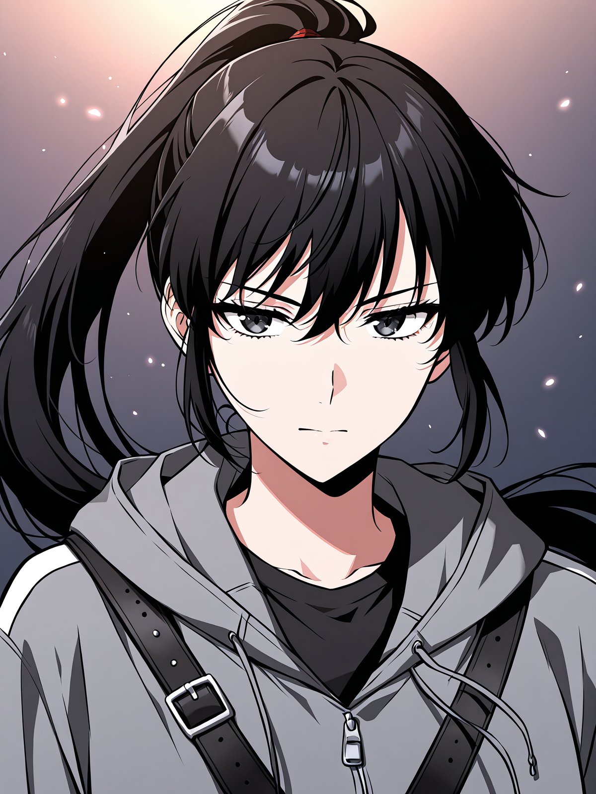 <lora:Omniscient_Readers_Viewpoint__Lee_Jihye:1>
1girl, solo, long hair, black hair, tied hair, high ponytail, black eyes, messy bangs, 
gray hoodie, black t shirt, black track pants, white stripe pants, black shoulder strap, white sneakers, modern clothing, 
score_9, score_8_up, score_7_up, score_6_up, source_anime, rating_explicit, masterpiece, best quality, intricate details, gothic fantasy, upper body portrait, dramatic pose, confident gaze, cinematic lighting, clean background, glowing magical particles, detailed face, vibrant colors