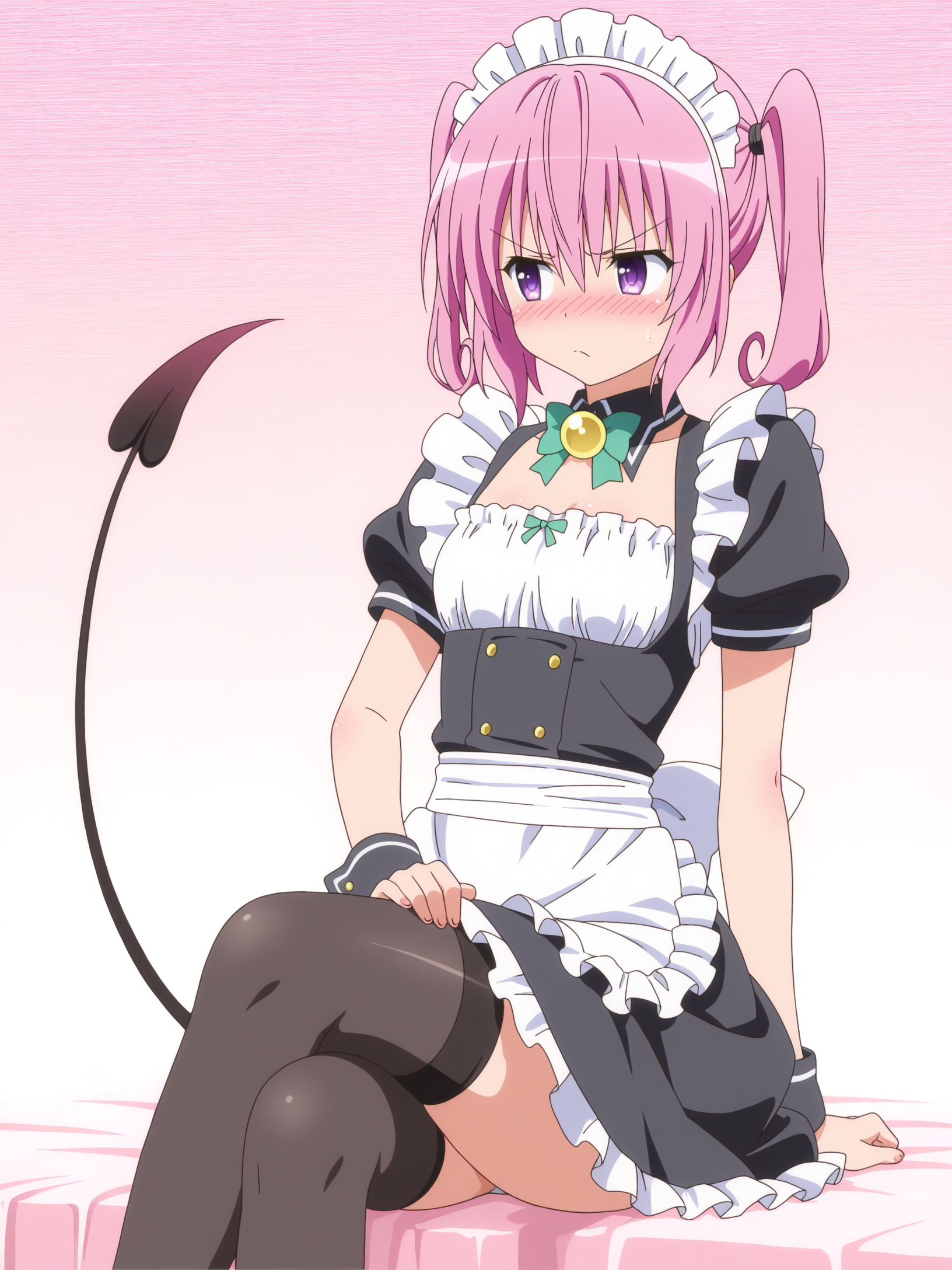 <lora:nana_1:1>,nana,purple eyes,tail,tsundere,pink hair,maid,crossed legs,