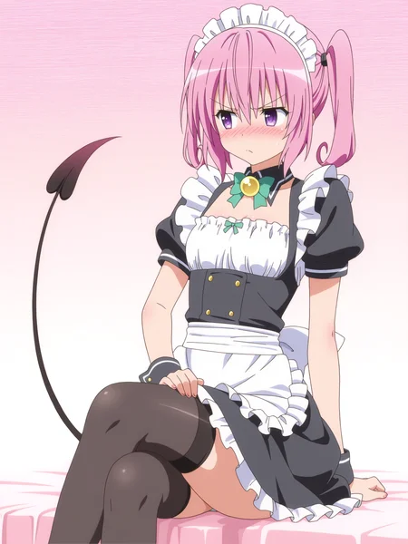 <lora:nana_1:1>,nana,purple eyes,tail,tsundere,pink hair,maid,crossed legs,