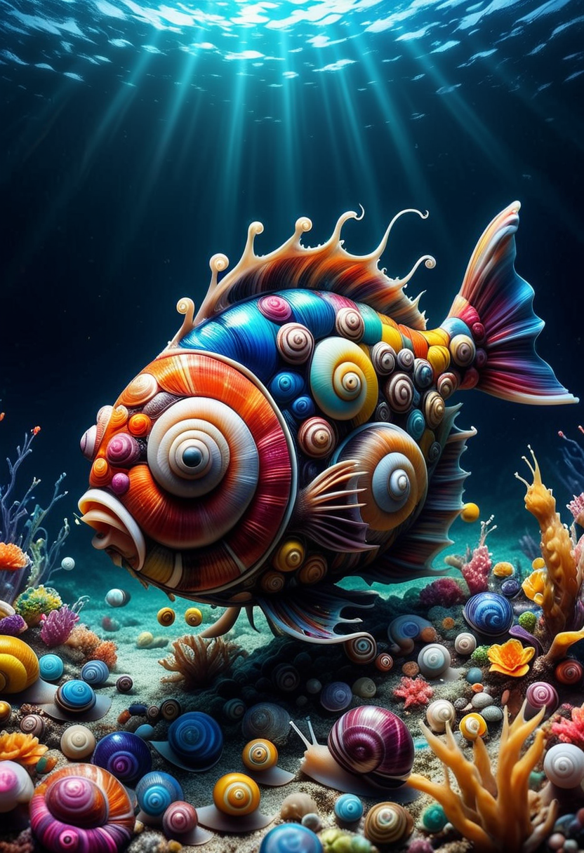 SN41LS, a fish made of colorful snails,  swimming in the ocean, set in the ocean, with diverse marine life, glowing flora, serene ambiance, magical light, ,Masterpiece,best quality, raw photo, realistic, very aesthetic