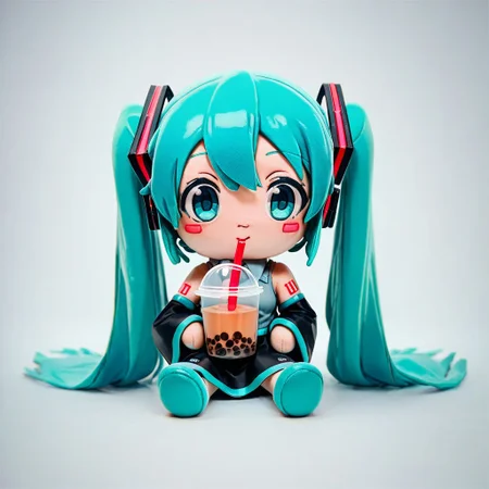 score_9, score_8_up, score_7_up, score_6_up, mikus-furmo, full body, looking at the view, fumo style, sitting, simple background, toys, toys, hatsune miku, 1girl, holding, bubble tea
