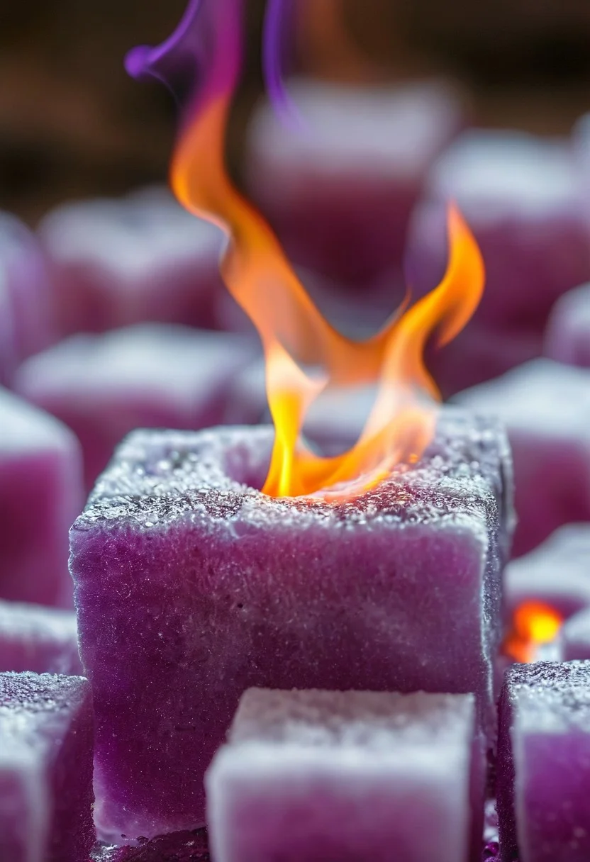 Close-up of a sugar cube, purple Flames, macro photography, vivid colors, pixiv lighting, high resolution, clear focus, Rule of thirds