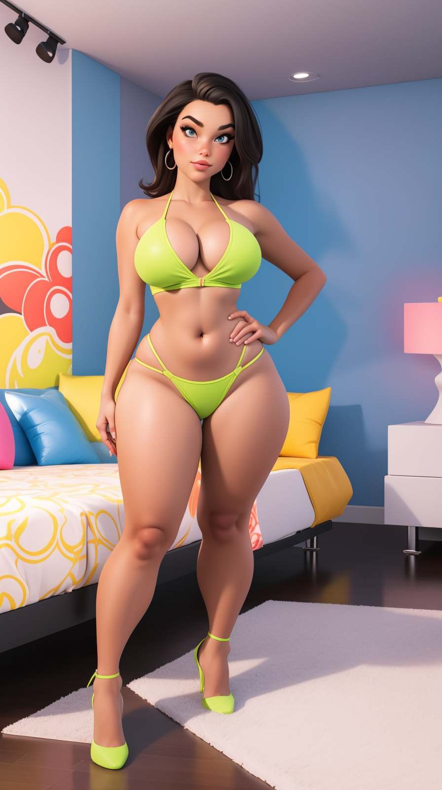 high detailed, masterpiece 1girl  as cartoon character <lora:p3r3zstyle:0.4> , colorful bikini, perfect hands, posing sexy, perfect eyes, big breast, wide hips, thick thighs, ultra realistic digital art, a 3D render, photorealism, adrianostyle room scene <lora:4drian0Hous3:0.7>