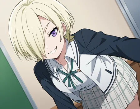 score_9, score_8_up, score_7_up, source_anime, <lora:mia-taylor-s2-ponyxl-lora-nochekaiser:1>, mia taylor, short hair, blonde hair, purple eyes, hair over one eye,, skirt, shirt, ribbon, school uniform, collared shirt, plaid, black shirt, neck ribbon, plaid skirt, white skirt, jacket, checkered skirt, nijigasaki academy school uniform,, indoors, bent over, smile, smug, looking at viewer, solo,, cowboy shot, dutch angle