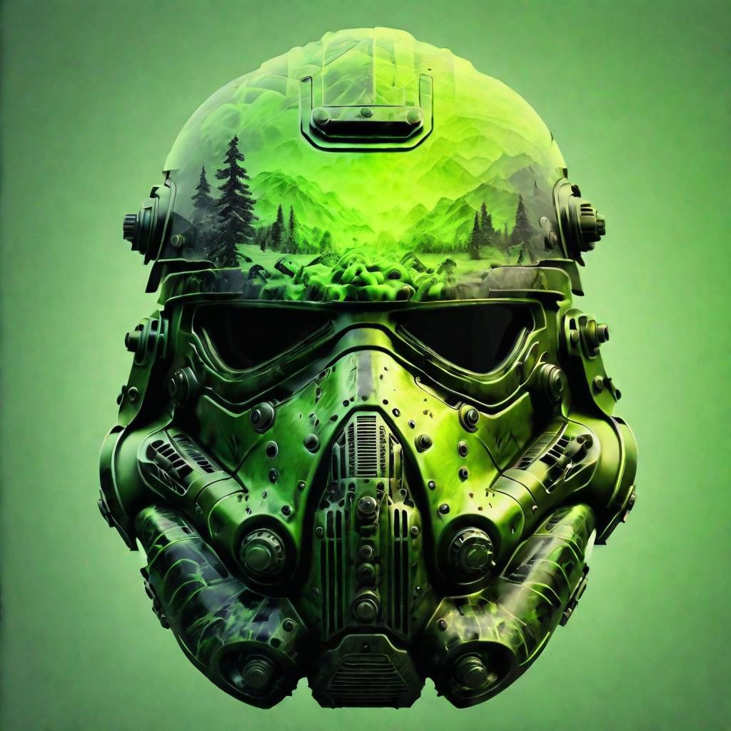blackneongreen, double exposure, doubleexposurestyle, power armor helmet, nuclear wasteland scene, symmetrical, nuclear winter background,