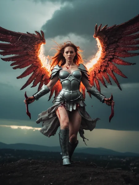 Analog photo of a woman looking like Daisy_Carmichael_P_MXAI_SDXL A cinematic epic fantasy film still showing a winged female heavenly angel in an intense battle with demons. The angel's attire is worn, torn, and blood-splattered from battles. The scene is fierce and chaotic, with blood and gore evident. The angel, with glowing wings and armor, wields a flaming sword, her expression determined and fierce. Around her, dark, grotesque demons with twisted forms and sharp claws are attacking. The background is a dark, stormy sky with flashes of lightning, enhancing the dramatic and intense atmosphere