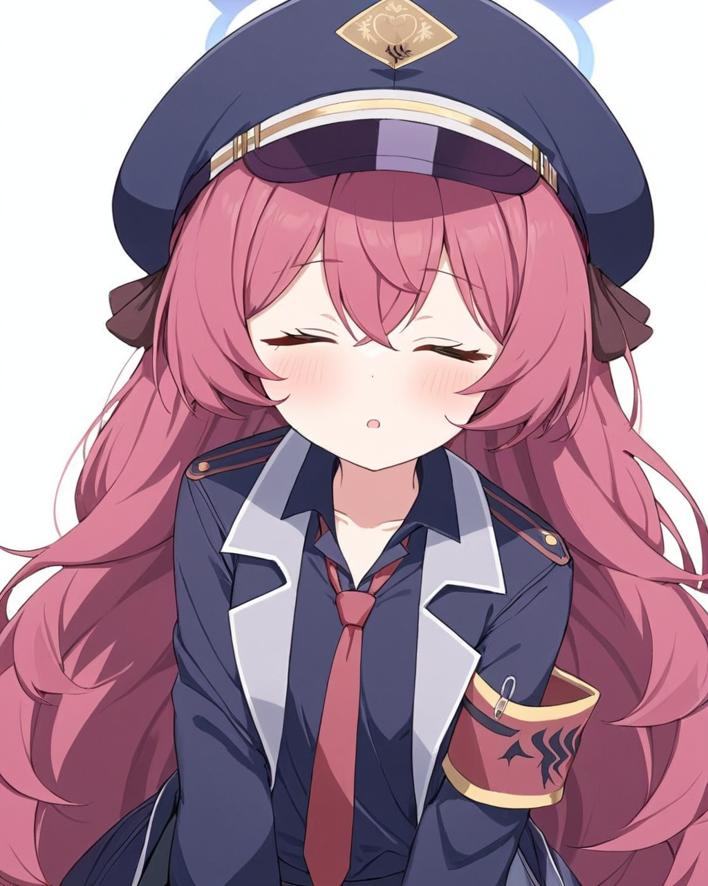 iroha \(blue archive\),1girl, solo, halo, white_background, armband, one_eye_closed, red_necktie, military, simple_background, military_uniform, military_hat, looking_at_viewer, pocky, blush, mouth_hold, jacket, peaked_cap, black_shirt, food_in_mouth, arms_behind_back, military_jacket, collared_shirt, skirt
<lora:iroha_(blue_archive)_image1923_2023-11-27-000012:1>halo. gorgeous,key visual, vibrant, studio anime,award-winning, professional, highly detailed,high budget, cinemascope
