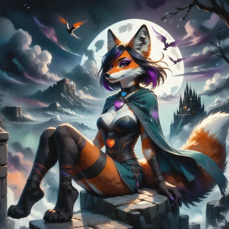 safe_pos, score_9, score_8_up, score_7_up, score_6_up, score_5_up, score_4_up, sfxm, csdb, castle background, stone bridge, bright moon, dark colorful cloudy skies, anthro, female furry, fox, fox tail, fox ears, body fur, fluffy, (paws:1.6), small claws, moon, trees, sitting, tunic, cape, scarf, heart-shaped pendant, leg wrap, bandages, eyes closed, (eyeshadow:1.6), (black hair, (violet highlights:1.5)), (medium breasts:2)