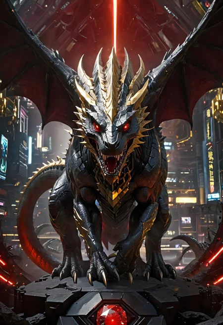 An insanely Detailed Divine dinosaurs, Golden and silver in color, cyberpunk, Diamond and Onyx eyes, a crimson tinge to the golden color, Hyperdetailed, Omnipresent, Beautiful, Sinister overtones, a clash of Good and Evil in the background promoting Golden silver and Crimson Blacks, otherworldly,