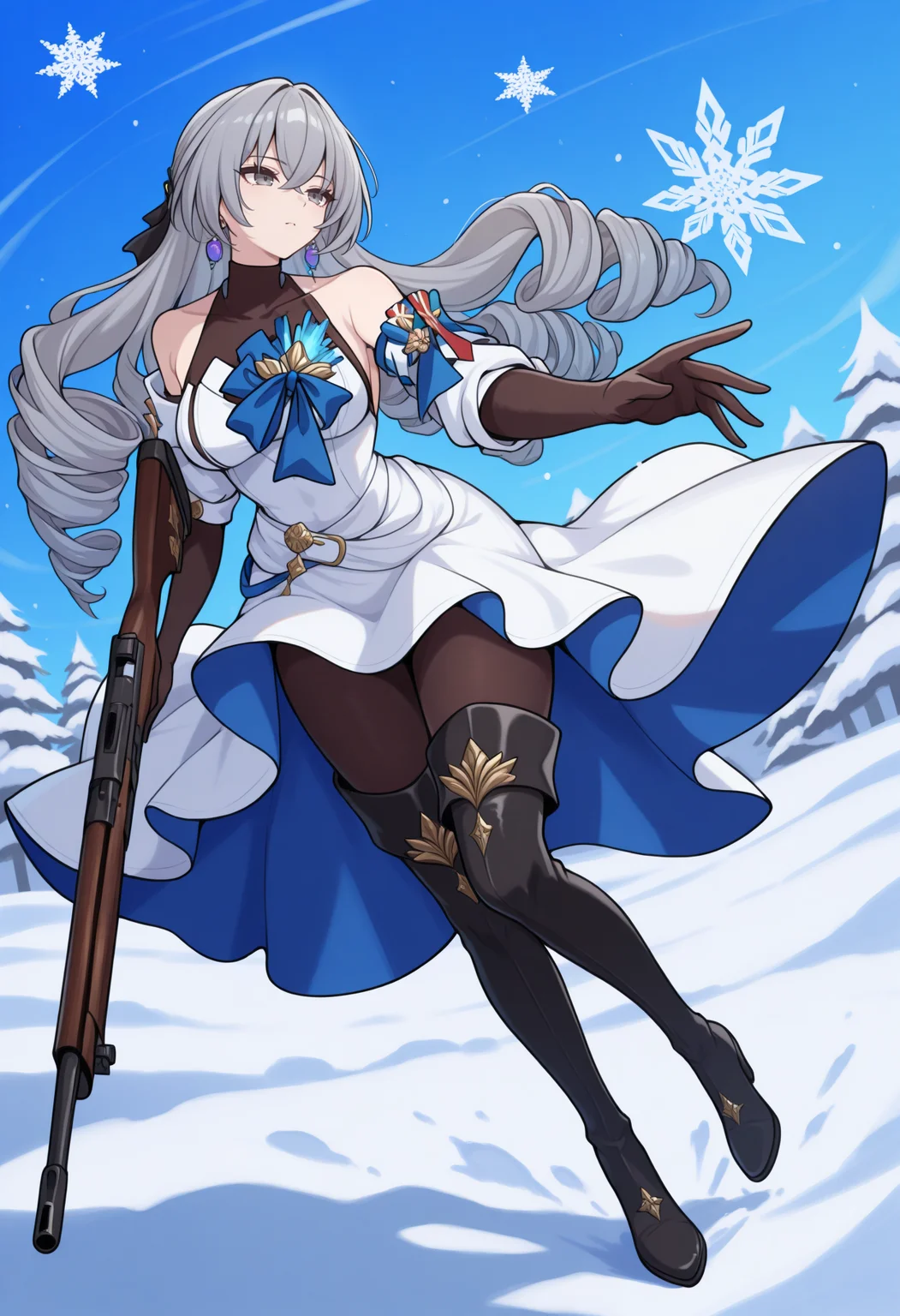 masterpiece, best quality, 1girl, solo, BrnyDefault, grey eyes, grey hair, long hair, drill hair, hair bow, black bow, earrings, halterneck, covered collarbone, white dress, detached sleeves, bare shoulders, blue brooch, black elbow gloves, black pantyhose, black thigh boots, full body, wide shot, holding rifle, rifle, foreshortening, dynamic pose, abstract background, winter, snow, snowflakes, <lora:ChamBronyaRandIllustriousXL:1>