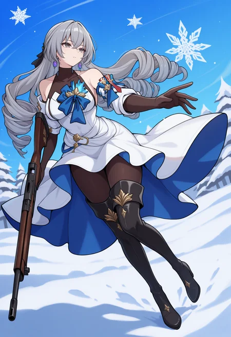 masterpiece, best quality, 1girl, solo, BrnyDefault, grey eyes, grey hair, long hair, drill hair, hair bow, black bow, earrings, halterneck, covered collarbone, white dress, detached sleeves, bare shoulders, blue brooch, black elbow gloves, black pantyhose, black thigh boots, full body, wide shot, holding rifle, rifle, foreshortening, dynamic pose, abstract background, winter, snow, snowflakes, <lora:ChamBronyaRandIllustriousXL:1>