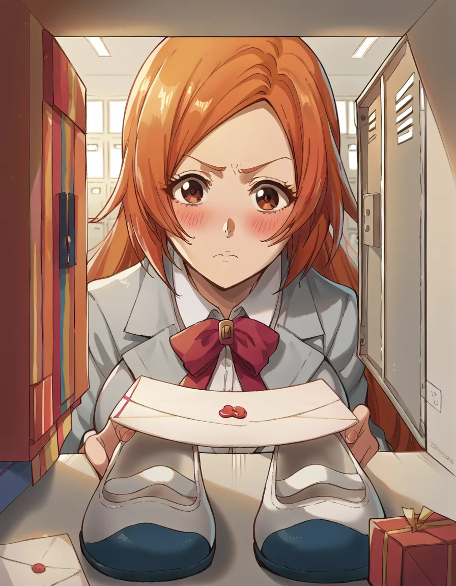 score_9, score_8_up, score_7_up, source_anime, <lora:inoue-orihime-tybw-ponyxl-lora-nochekaiser:1>, inoue orihime, long hair, orange hair, brown eyes, large breasts,, <lora:shoe-locker-pov-ponyxl-lora-nochekaiser:1> shoe locker pov, locker, letter, school, gift box, unworn shoes, blush,, ,