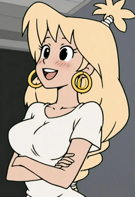 woman, tiffany, kangoo,blonde hair, black eyes, earrings, jewelry, 1girl, crossed arms, hoop earrings, open mouth, smile, shirt, upper teeth only, upper body, breasts, short sleeves, solo focus, blush, white shirt