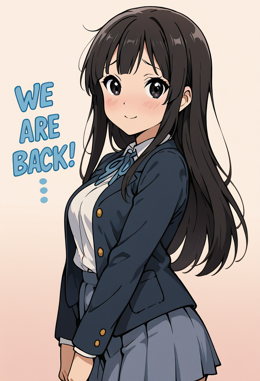 masterpiece, best quality, 1girl, solo, eyelashes, (beautiful eyes),    We4reSoB4ck, text, medium breasts, (curvy),   mio akiyama, long hair, bangs, black hair, black eyes, hime cut,, sakuragaoka school uniform, school uniform, uniform, blazer, shirt, white shirt, collared shirt, skirt, pleated skirt, (blush, shy), side view,  foreshortening,  (upper body), smile, looking at viewer, gradient background,   ,<lora:We4reSoB4ck_IXL_v1:1.0>,