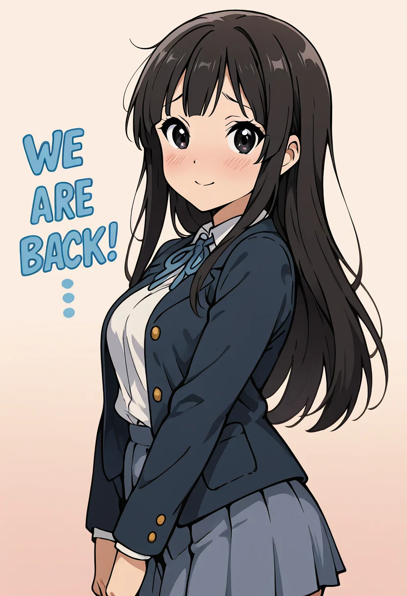 masterpiece, best quality, 1girl, solo, eyelashes, (beautiful eyes), We4reSoB4ck, text, medium breasts, (curvy), mio akiyama, long hair, bangs, black hair, black eyes, hime cut,, sakuragaoka school uniform, school uniform, uniform, blazer, shirt, white shirt, collared shirt, skirt, pleated skirt, (blush, shy), side view, foreshortening, (upper body), smile, looking at viewer, gradient background, ,<lora:We4reSoB4ck_IXL_v1:1.0>,