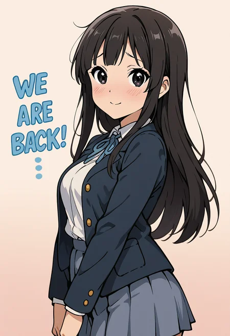 masterpiece, best quality, 1girl, solo, eyelashes, (beautiful eyes), We4reSoB4ck, text, medium breasts, (curvy), mio akiyama, long hair, bangs, black hair, black eyes, hime cut,, sakuragaoka school uniform, school uniform, uniform, blazer, shirt, white shirt, collared shirt, skirt, pleated skirt, (blush, shy), side view, foreshortening, (upper body), smile, looking at viewer, gradient background, ,<lora:We4reSoB4ck_IXL_v1:1.0>,