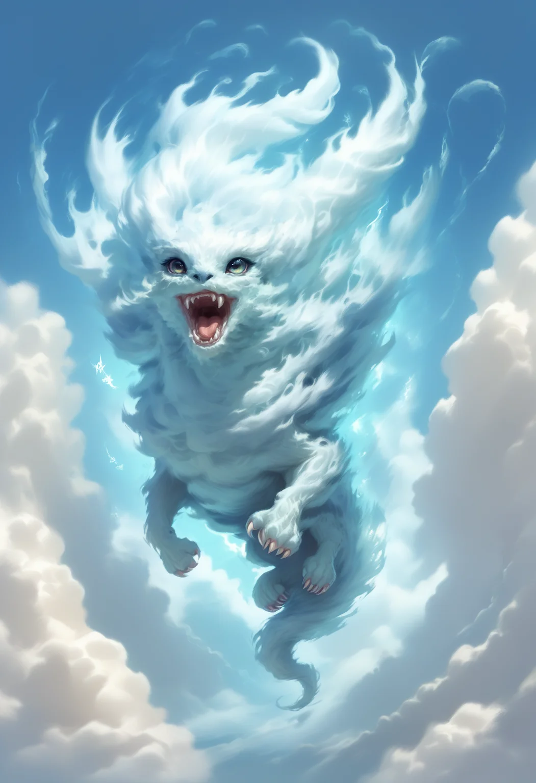 score_9, score_8_up, score_7_up, score_6_up, score_5_up, score_4_up <lora:PonyAirElementals:1> Air Elemental, high fantasy, cute creature, swirling air, transparent, ethereal, majestic, detailed digital art, expressive eyes, roaring, cloudy sky background, magical elements,