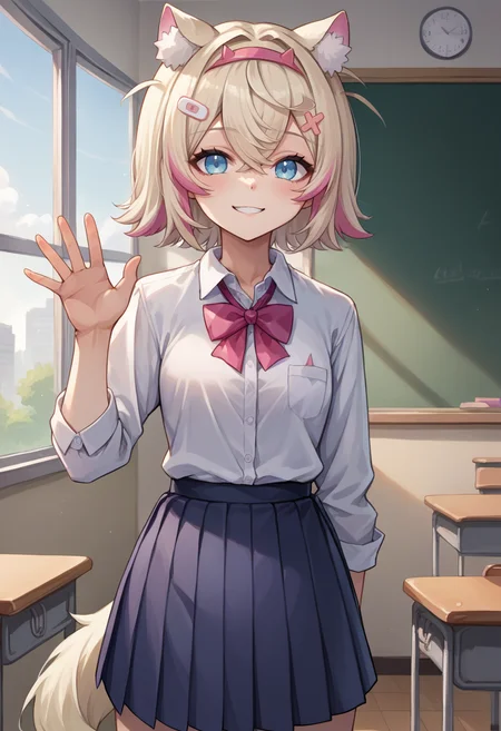 score_9, score_8_up, source_anime, 1girl, solo, MococoAbyssgard, short hair, streaked hair, hairband, hairclip, tail, classroom, window, school uniform, dress shirt, pleated skirt, waving at viewer, smile, <lora:ChamMococoAbyssgardPonyXL:1>