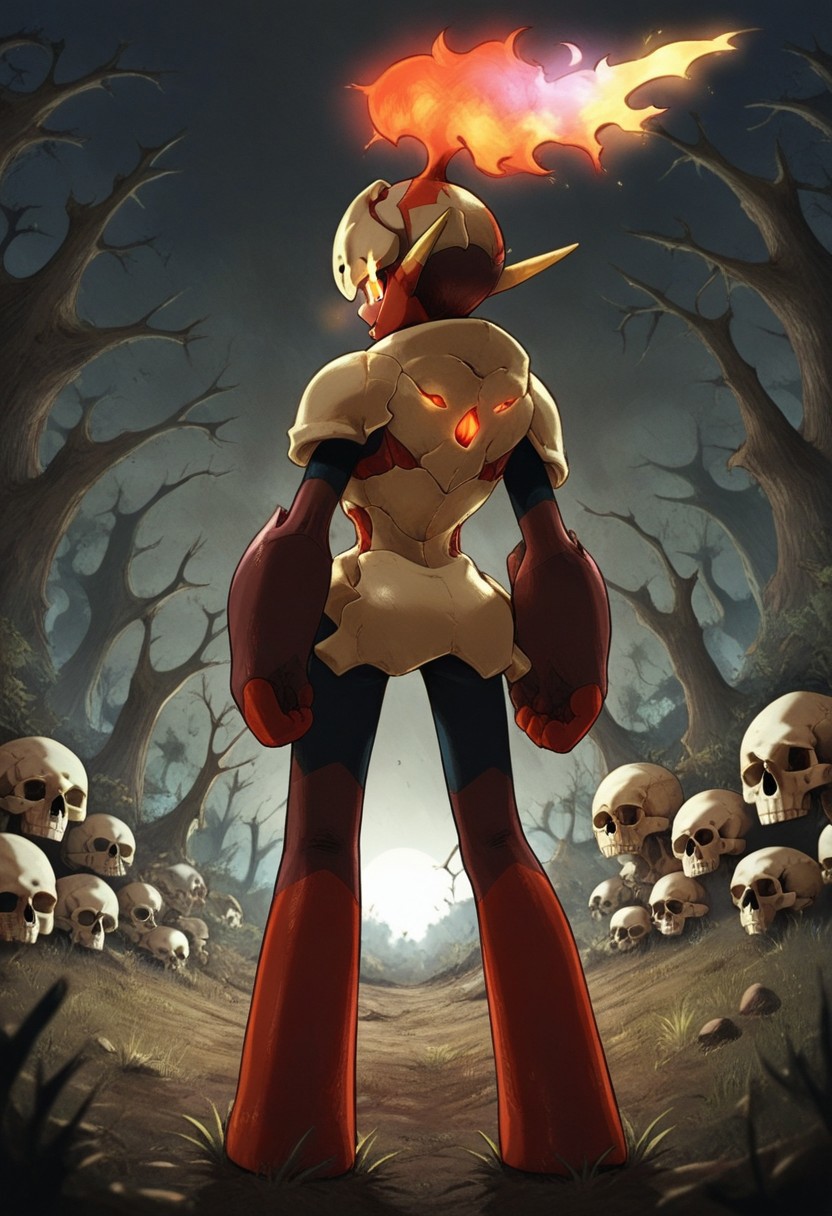 glowing eyes, pitch black night, score_9, score_8_up, score_7_up, pokemon, (armarouge), horror (theme), skull, skulls, scar, skeleton, grey background, ribs, blurry, female, armor, big pauldrons, curvaceous, back view,  looking back, full body shot, grassy landscape, outdoors, dead trees,